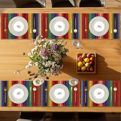 Mexican Placemats Set of 6,Ethnic Stripes Rainbow Table Mates Non-Slip Heat Resistant Washable Linen Place Mats for Party Kitchen Dining Decoration Indoor Outdoor 12"x18"