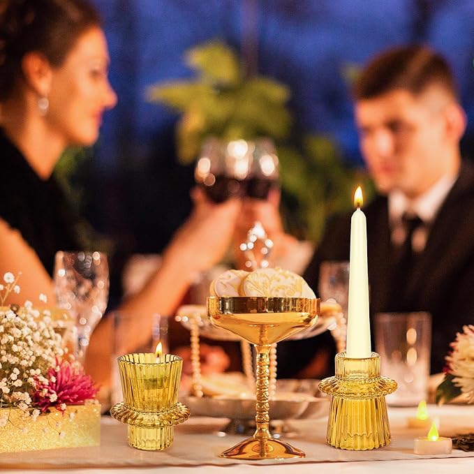 Taper Votive Candle Holder for Pillar Candles Tealight, Candlestick Holder for Wedding Christmas Tea Party, Boho Ribbed Vintage Crystal Glass Table Centerpiece Decor, Bulk Set of 6 (Amber)