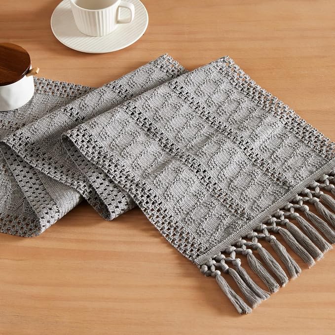 Macrame Style Boho Table Runner, 12x60 Inch Grey | Woven Boho Table Runner by ZEEMARTONLINE