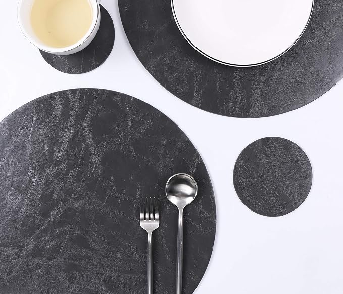 Jovono Set of 4 Round Placemats and Coasters, Faux Leather Table Mats and Desk - Image 7