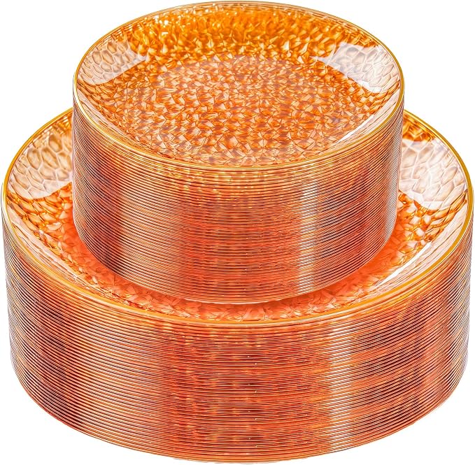Rubtlamp 60Pcs Orange Plastic Plates, Hammered Plastic Plates Include 30 by Rubtlamp