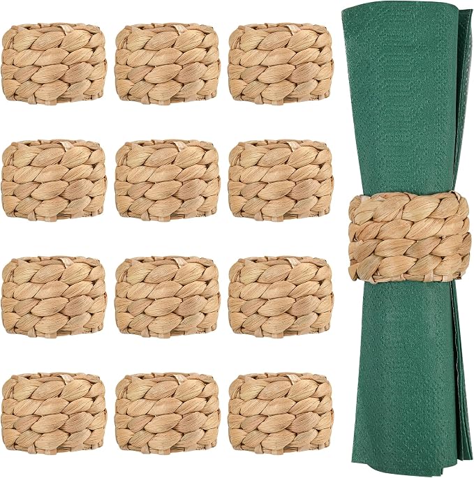12 Pcs Boho Rattan Woven Napkin Rings, Farmhouse Water Hyacinth Wooden Rustic by Unknown