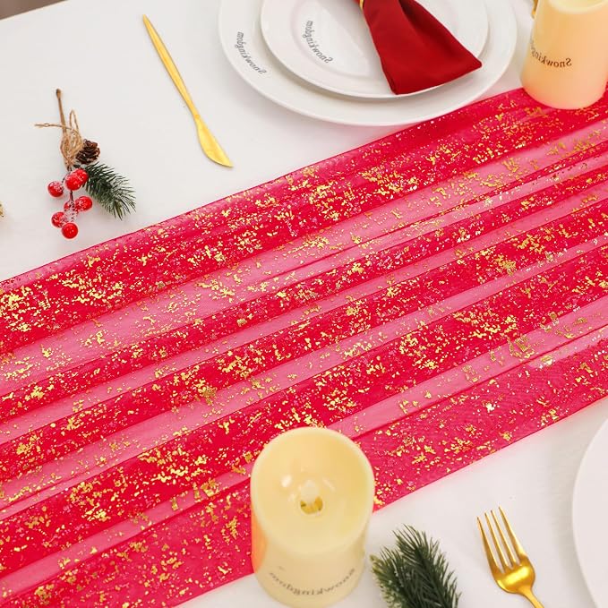 Snowkingdom Red Gold Table Runner Gauze 10FT Sparkly Sequin Glitter Sheer - Image 4