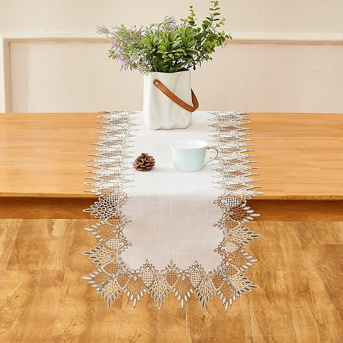 White Linen Table Runner 54” Lace Dining Table Runners | French Dresser Runners - Image 2
