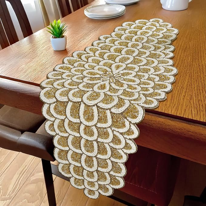 Gold Beaded Table Runner, 36 in, Farmhouse Holiday Décor | 13x36 in, 85% glass - Image 2