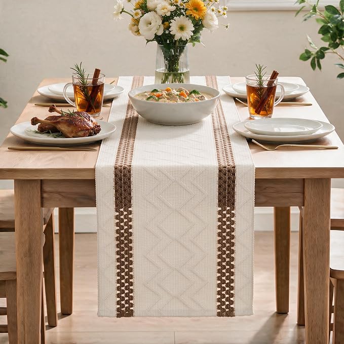 Artoid Mode Coffee Stripe Woven Rustic Table Runner 12x72 Inch | Holiday - Image 2