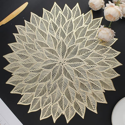 Placemats Set of 6, Round Hollow Out Flowers Place Mats for Dining Table Pressed Vinyl Blooming Leaf Table Mats for Holiday Party Wedding Accent Centerpiece Dinner Decoration (Gold)
