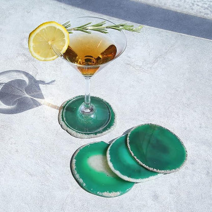 Agate Drink Coasters Set of 4, Natural Stone Coaster for Coffee Table 3.5-4" Geode Gemstone Coasters Decor, Unique Gift for Women Men Housewarming Birthday Wedding Anniversary (Green)
