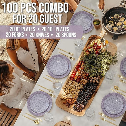 Trendables Fancy Plastic Dinnerware Sets 100 Pc 20 Guests Gold Silverware Disposable 20 X 10 Inch Charger Plates 20 X 8 Inch Dessert Plates 20 x Gold Plastic Forks and Spoons Knives In Blossom Circle