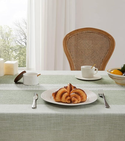 ZeeMart Contrast Linen Table Cloth Rectangle Table Cloths 60x84 Inch Mid-Stripe Green, Farmhouse Style Heavy Weight Sage Green Tablecloth, Water Resistant Burlap Tablecloths