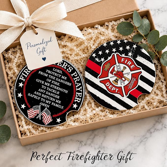 Firefighter Car Coasters Set of 2 – Firefighter's Prayer Ceramic Cup Holder - Image 2