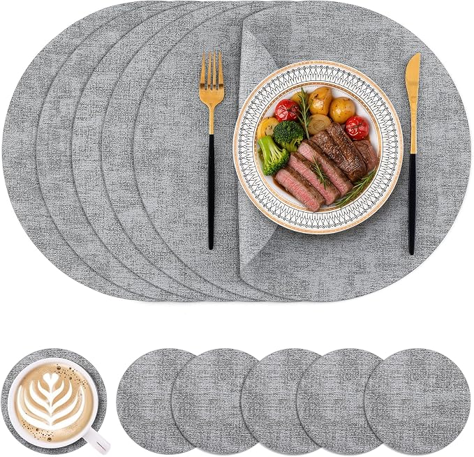 Homaxy Round Faux Leather Placemats and Coasters, Light Grey | Washable by Homaxy