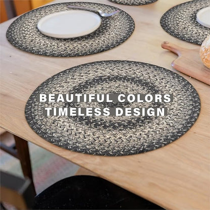 Homespice Flint Hill Round Braided Placemats, Warm Primitive Decor, Set of 2, 15", Grey Jute Table Mats - Vibrant Colors, Durable, Easy to Clean and Protects Furniture
