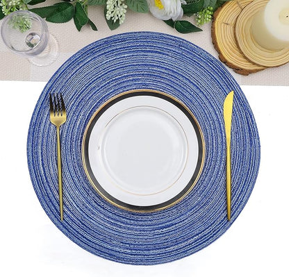 SHACOS Round Braided Placemats 15 inch Set of 4 Washable Cotton Polyester Braided Kitchen Table Placemats for Home Wedding Party (Blue White, 4)