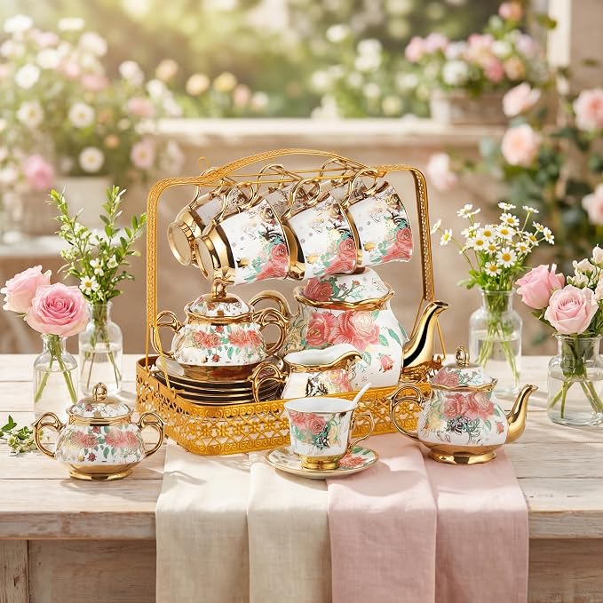 22 Pcs Porcelain Tea Set with Metal Holder, Vintage European Floral Tea Set - Image 4