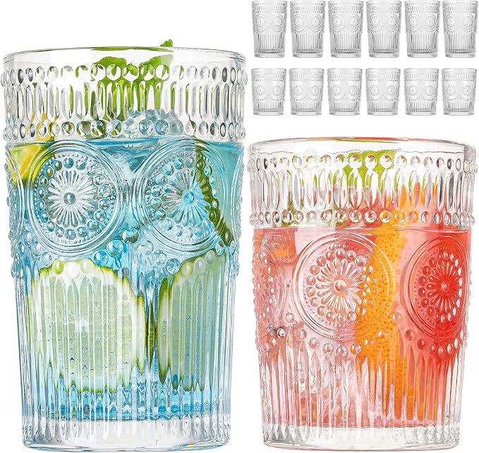 Vintage Drinking Glasses Set of 12, Textured Clear Striped Glass Cups-6 by wookgreat