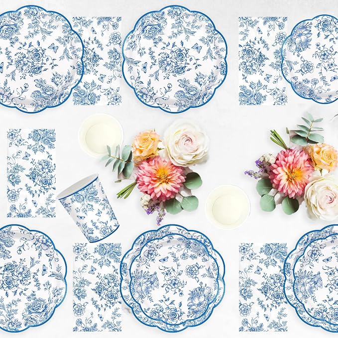 100pcs Blue Floral Paper Plates Napkins Flower Scalloped Tableware | Disposable - Image 5