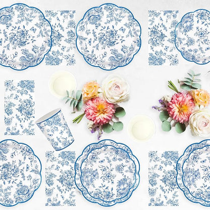 100pcs Blue Floral Paper Plates Napkins Flower Scalloped Tableware | Disposable - Image 5