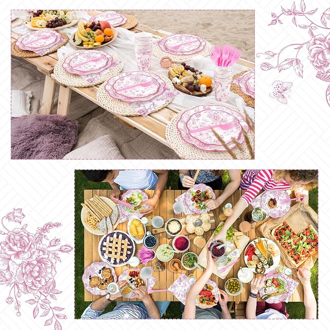 Kochorie 144 Pieces Pink Floral Paper Plates and Napkins Party Supplies - Image 6