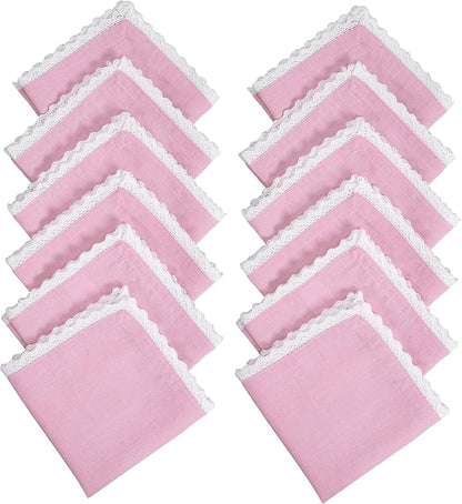 Fingercraft Dinner Cloth Napkin Cotton Linen Blend 12 Pack 12In Mitered Corners with Elegant Lace for Everyday Use Napkins Cloth are Pre Shrunk and Good Absorbency Pastel Rose