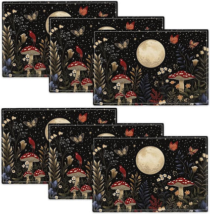 Mushroom Botanical Placemats Set of 6, Mushroom Plants Leaves Butterfly Place Mats, Moon Waterproof Washable Table Mats for Home Party Indoor Kitchen Dining Table Decoration 12x18 Inch