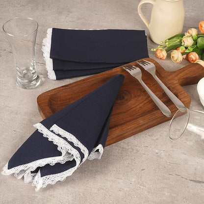 Fingercraft Dinner Cloth Napkin Cotton Linen Set of 12 Mitered Corners with Natural Elegant Lace for Everyday Use Napkins are Pre Shrunk and Good Absorbency with Lace 20x20 in Navy