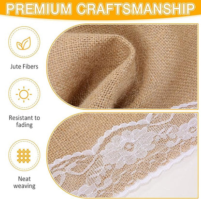 Tatuo 12 Pcs Lace Burlap Table Runner 12'' x 72'' Rustic Jute Hessian Farmhouse - Image 3