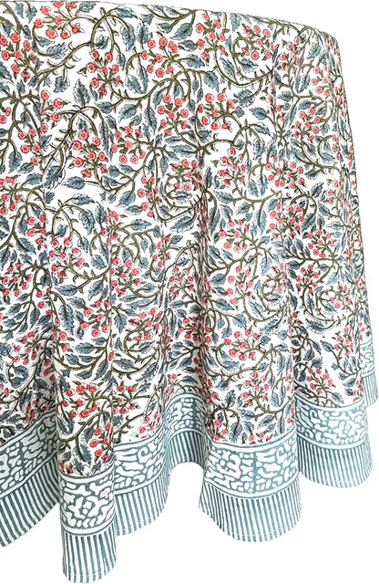 ATOSII Kalina 100% Cotton Round Tablecloth, Handblock Print Floral Table Cloth for Kitchen Dining Linen I Parties, Weddings, Outdoors, Christmas I Fall Home Decor 90" Inches Round