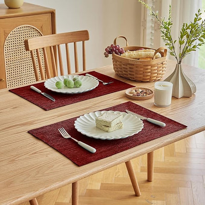 Softalker Faux Linen Placemats Set of 8-12 x 18 Inch, Heat Resistant Double Layered Durable Burlap Farmhouse Place Mats, Non-Slip Washable Rustic Table Mats for Dining, Kitchen, Party（Red