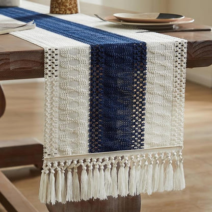 Macrame Style Bicolor Stitching Table Runner 14x90in Navy Blue | Woven Boho - Image 7