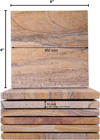 Sandstone Water Absorbent Hand Crafted Square Coasters for Drinks - 4 Inches Wide Thirsty Stone Bar/Drink Coasters- Made from Rainbow Sandstone (Set of 4 with Holder)