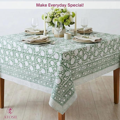 ATOSII Shalimar Green 100% Cotton Spring Summer Tablecloth, Handblock Print Rectangle Table Cover for Dining, Parties, Wedding, Outdoors, Easter Table Cloth I 72 X 140 Inches I 12 Seater