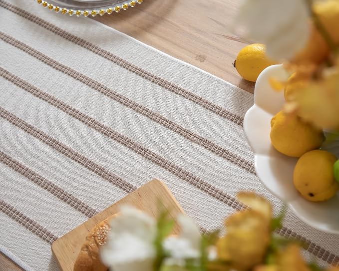 Caflife Boho Table Runner 108 Inchs Long Taupe and Beige, Cotton and Linen Woven - Image 5
