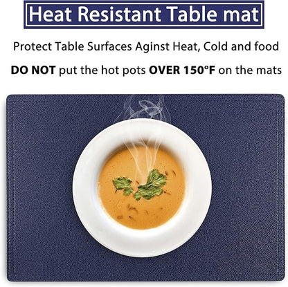 Faux Leather Placemats, PU Table Mats, Set of 4, Waterproof, Stain Resistant, Heat Resistant, Non-Slip Easy to Clean for Kitchen Dining Table,Conference Table C Blue Rectangle