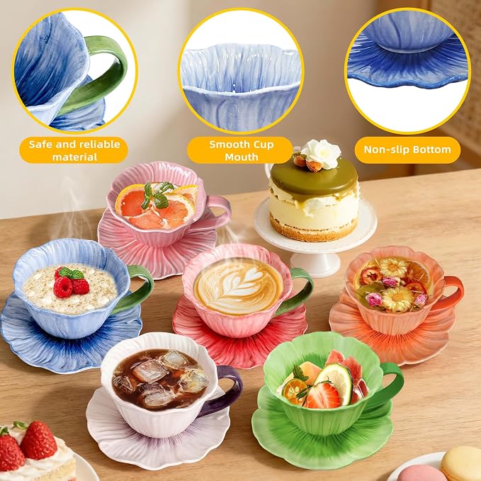10 oz Tea Cups and Saucers, Ceramic Flower-shaped Cappuccino Cup, Latte Cup and - Image 4