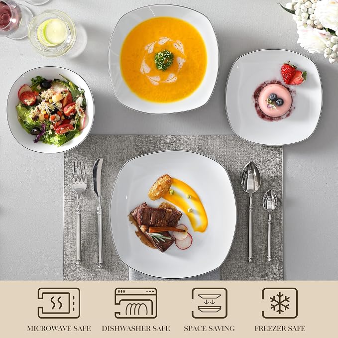 MALACASA Dinnerware Sets, 24 Piece Porcelain Square Dishes, Ceramic Dish Set - Image 4