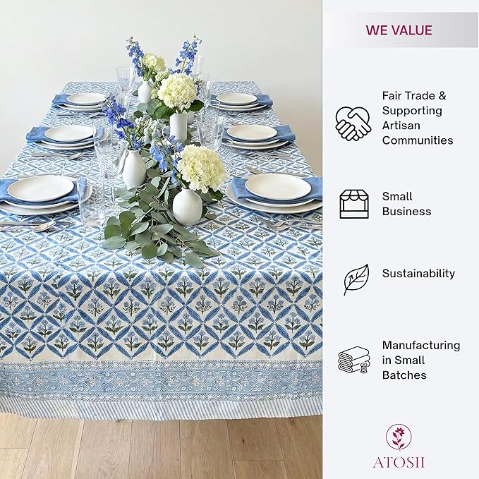 ATOSII Cotton Tablecloth Netta Blue 72" X 140" Inches