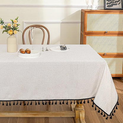 MYSKY HOME Table Cloth 60x60 in Rectangle Table, Heavy Duty Cotton Tassel Linen Look Waterproof Tablecloths Farmhouse Tablecloth, Wrinkle Free Table Cover with Beige Tassels for Kitchen Dining, Party