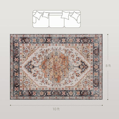 HOMCOM Washable Area Rug, 8'x10' Vintage Indoor Distressed Carpet, Retro Floor Cover Foldable, Floral Print Mat for Living Room, Bedroom, Dining Room, Tawny Brown