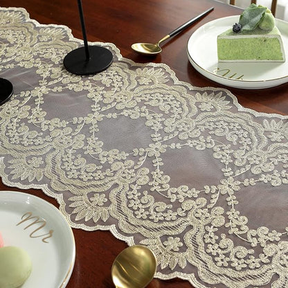 SUTAVIA Lace Table Runner 12"×96" Gold Embroidered Dresser Scarf | Classic - Image 4