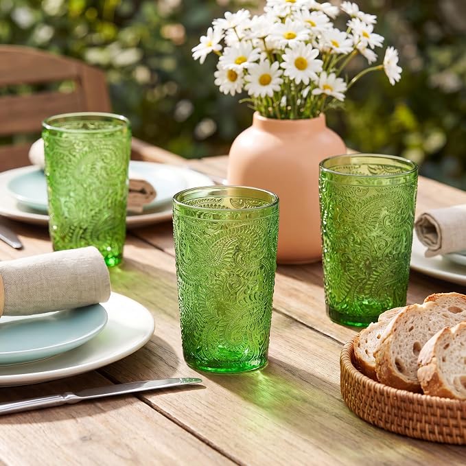 Reallnaive 13 oz Green Drinking Glasses Set of 8, Vintage Glassware - Image 5