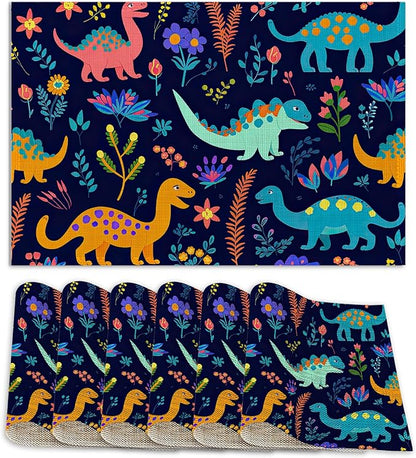 Dinosaurs Placemats Set of 6,12x18 Inch Table Mats for Colorful Dinosaurs Kitchen Table Washable Farmhouse Linen Table Mats Dining Decoration