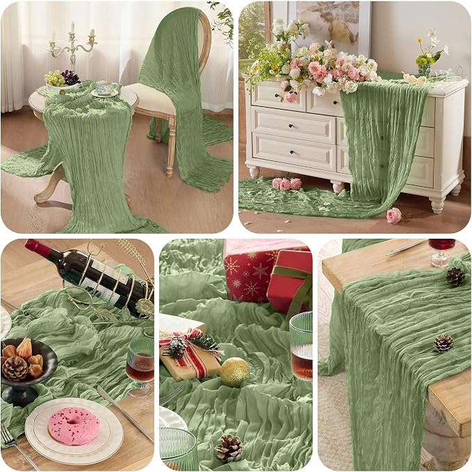 Sage Green Cheesecloth Table Runner 120inch Boho Gauze Home Decor | 120 Inch - Image 5