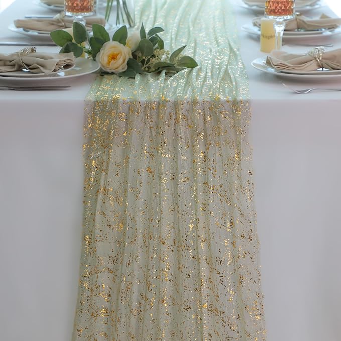 Snowkingdom Sage Gold Table Runner Gauze Sheer Tulle 10FT 120 Inch by Snowkingdom