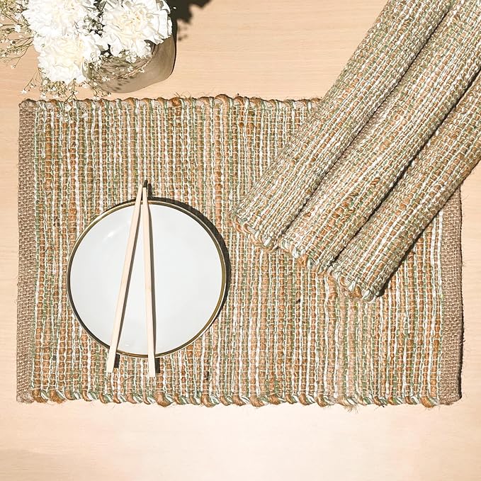 Natural Jute Sage Green-White Placemats, 13x19 | Rustic Handmade Boho Table Mats by ChardinHome