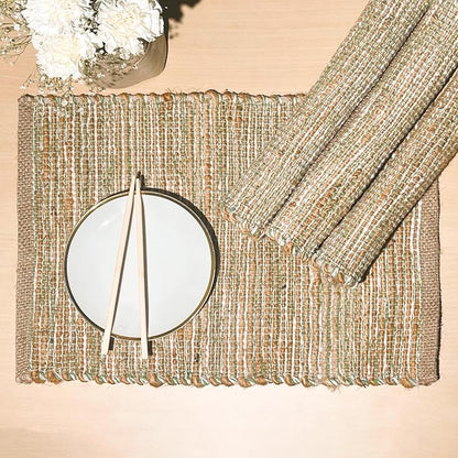 Natural Jute Sage Green-White Placemats, 13x19 | Rustic Handmade Boho Table Mats by ChardinHome