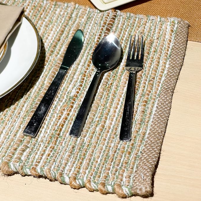 Natural Jute Sage Green-White Placemats, 13x19 | Rustic Handmade Boho Table Mats - Image 3