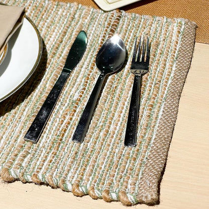 Natural Jute Sage Green-White Placemats, 13x19 | Rustic Handmade Boho Table Mats - Image 3