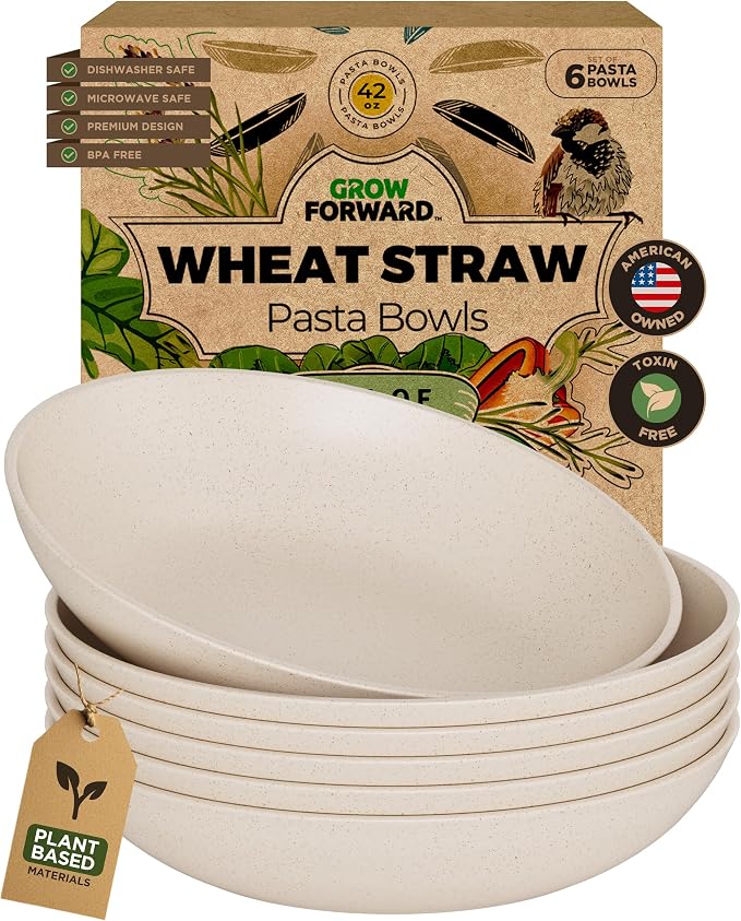 Grow Forward Premium Wheat Straw Pasta Bowls - 42oz Unbreakable Wide & Shallow by GrowForward