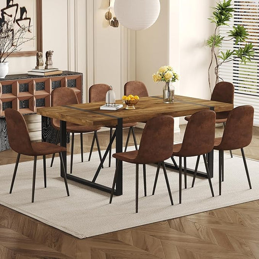 Dining Table Set for 8, Modern 71'' Dark Wood Dining Table and Fabric Dining Chairs Set of 8,Table and Chairs Set of 8,Ideal for Kitchen Dining Room